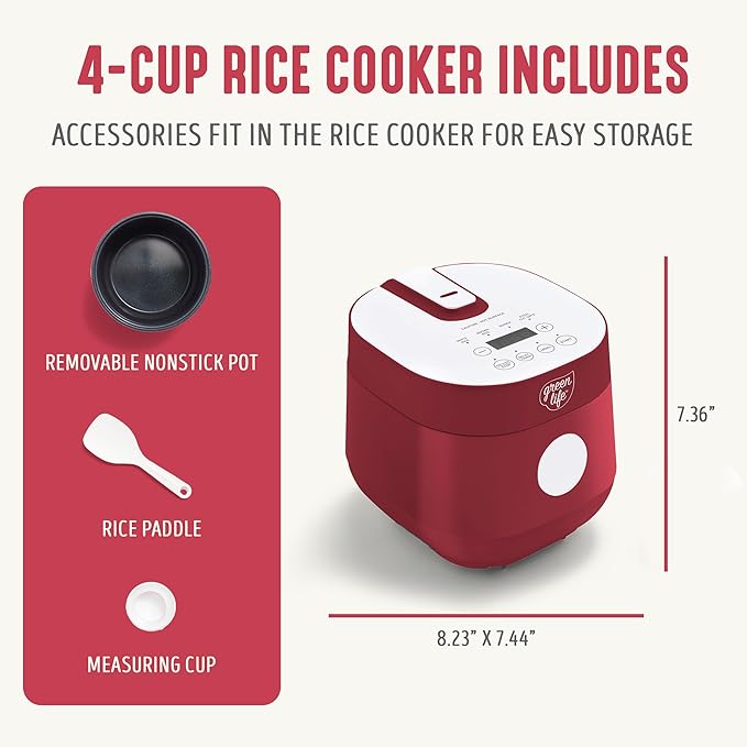 GreenLife Digital Rice Cooker, 2-Cups Uncooked/4-Cups Cooked, Removable Nonstick Ceramic PFAS-Free Pot, One-Touch Presets, Oats, Quinoa, Brown Rice, Auto Keep Warm, Fuzzy Logic Tech, 1.5QT, Red