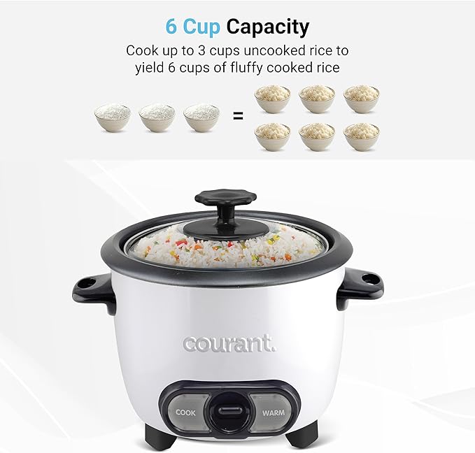 Courant Rice Cooker 6-Cup (Cooked), Removable Non-Stick Bowl, One Touch Rice Cooker, White