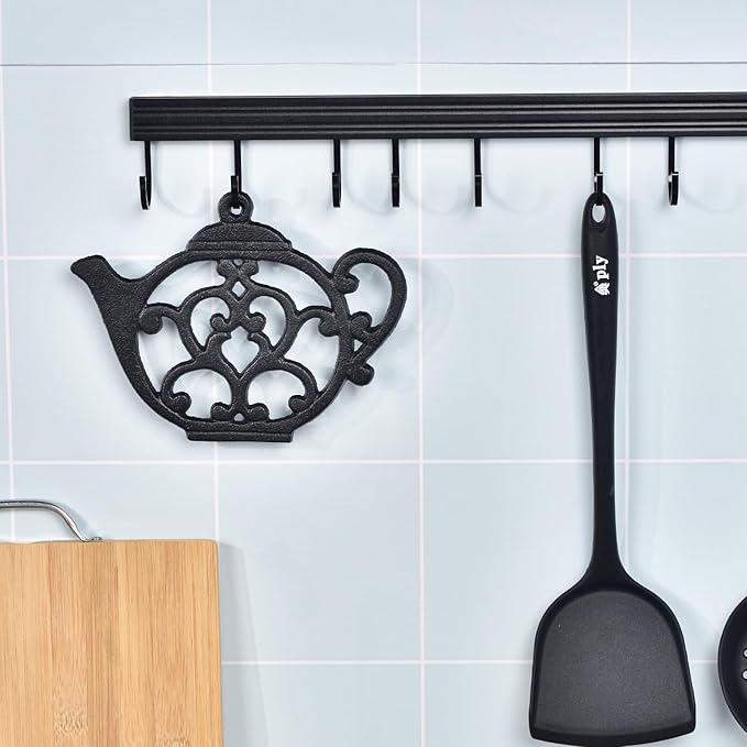 Sungmor Heavy Duty Cast Iron Trivet,Decorative Rustproof Black Trivet for Kitchen or Dinning Table,7.9" x 6" with Vintage Lovely Teapot Pattern
