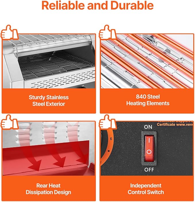 VEVOR 1770W Commercial Conveyor Toaster, 450 Slices per Hour, Heavy Duty Electric Toaster Oven, Food-Grade 304 Stainless Steel Conveyor Belt, Dual Knob Control, for Restaurant Bakery Bread Bagel Bun