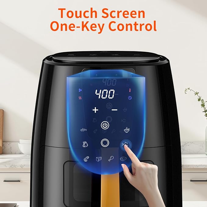 XKV 6.0 QT Digital Air Fryer with Window for Kitchen Use,Nonstick Made without PFAS, Touchscreen Display,160°F~400°F in Precise 5°,Customized Temp/Time,NonStick Basket,Black