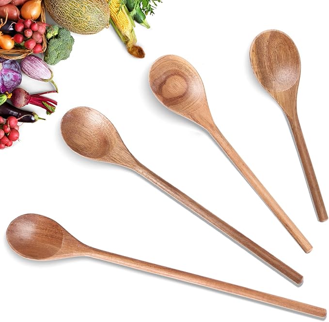 4 Pcs Acacia Wooden Spoons for Cooking Mixing Wooden Utensils Cooking Spoon 8, 10, 12, 14 Inch for Kitchen Salad Mixing Tasting Baking Stirring Serving Food No Scratch Nonstick Cookware