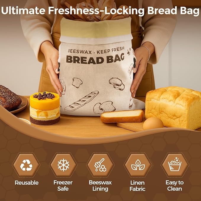 YARRAMATE Beeswax Bread Bags for Homemade Sourdough, Reusable Linen Food Storage Bags to Keep Loaf Fresh, Large Freezer Safe and Eco Friendly Bread Containers (17x13", 2 Pack)