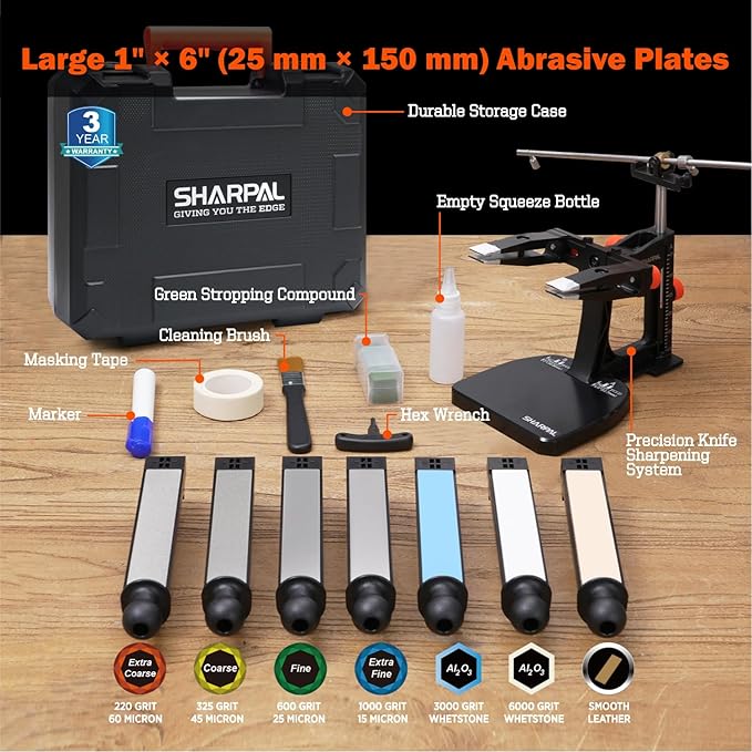 SHARPAL 202H Precision Knife Sharpening System–Adjustable Angle 10–35° Knife Sharpener Kit with 7 Abrasive Plates (Diamond 220/325/600/1000, Whetstone 3000/6000, Leather Strop) and Giftable Carry Case
