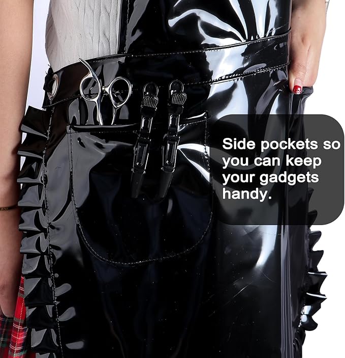 Glossy Cute Ruffled Apron, Lace-Up Model with Two Pockets, Vinyl Apron for Artists and Barbers, Waterproof