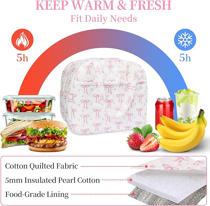 Quilted Lunch Box for Women,Lunch Box for Teen Girls,Cute Pink Bow Lunch Bags for Work, School,Office,Picnic,Travel (pink bow heart)