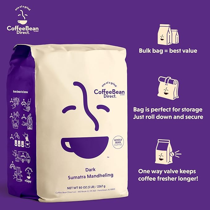 Coffee Bean Direct Dark Sumatra Mandheling, Whole Bean Coffee, Arabica Coffee, Dark Roast, 5 Pound Bag (Pack of 1)