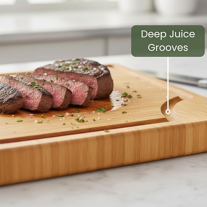 3-Piece Wooden Cutting Board Set with Juice Grooves, Acacia Wood Chopping Boards for Kitchen Prep and Charcuterie Serving, Eco Friendly Multi Size Cutting Boards with Built-in Handles (Natural)