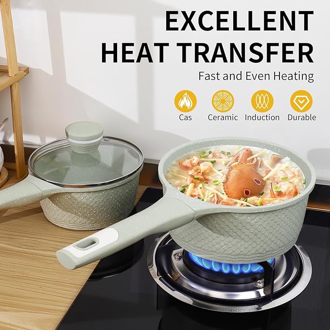 Sauce pan set 4 Pcs 1.5Qt & 2.0Qt SaucePan Set with Lid, Non Stick Sauce Pot for Cooking, Easy to Clean, 100% Free PFOA PFAS Cooking all stovetop - Green Granite