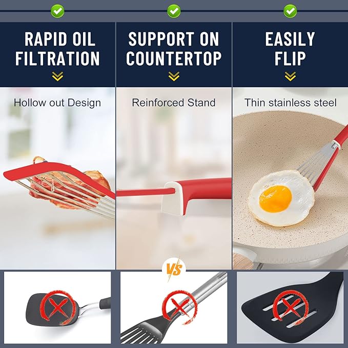 Fish Spatula,600℉ Heat Resistant Silicone Fish Spatula with Basting Brush,for Nonstick Cookware,Flexible Slotted Fishs Turner Spatulas,BPA Free,Dishwasher Safe(Red)