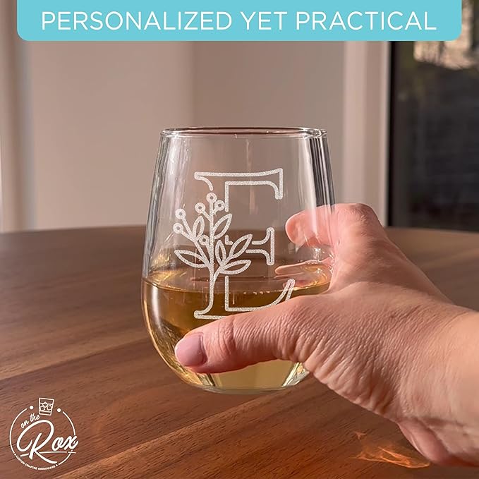 On The Rox Drinks Monogrammed Gifts For Women and Men - Letter A-Z Initial Engraved Monogram Stemless Wine Glass - 17 Oz Personalized Wine Gifts For Women and Men (E)