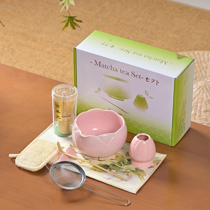 8 traditional matcha bowls with spouts, ceramic matcha bowls (Chawan), matcha mixing bowls for stirring matcha, tulip style (pink)