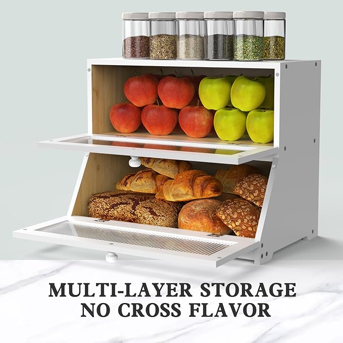 Bread Box for Kitchen Countertop: 2-Tier Bamboo Large Bread Storage Container,White