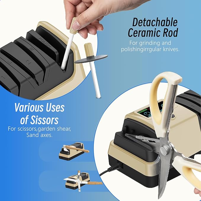 Professional 5-in-1 Electric Knife Sharpener w/LCD, Scissor Sharpener with 3-Speed & 100% Diamond Abrasives -Precision Angle Guides Sharpens Straight, Serrated, Cleaver Knives