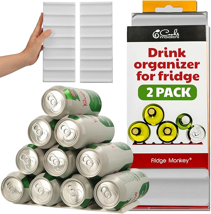 Cooks Innovations 2-Pack Drink Organizer for Fridge, Soda Can Refrigerator Organizers and Storage, Beer-Wine-Water Bottle Holder, Fridge Monkey - Durable Non-Slip&Roll
