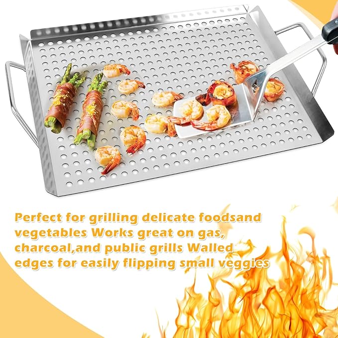 11 x 14 Inch Nonstick Grill Tray with Handles,Perforated Stainless Steel Grill Pans for Outdoor Grill,Heavy Duty Grilling Accessories for Charcoal Gas Grills,Easy to Use and Clean (11 * 14)