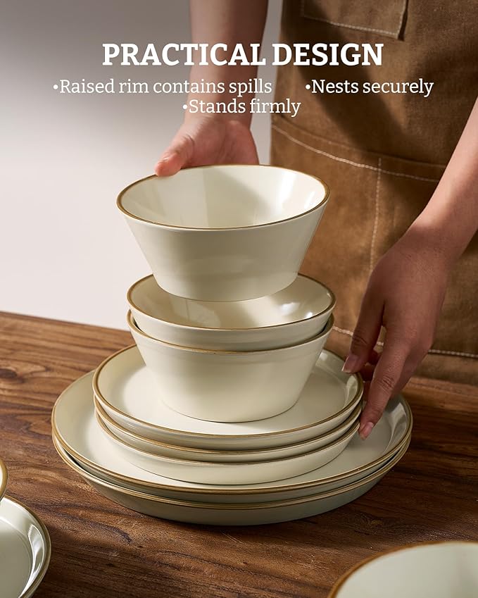 Famiware Saturn Plates and Bowls Dish Sets for 6 (18 Pieces), Stoneware Dinnerware Set with Hand-Painted Trim - Chip & Scratch Resistant, Microwave & Dishwasher Safe Ceramic Dishes, Vanilla White