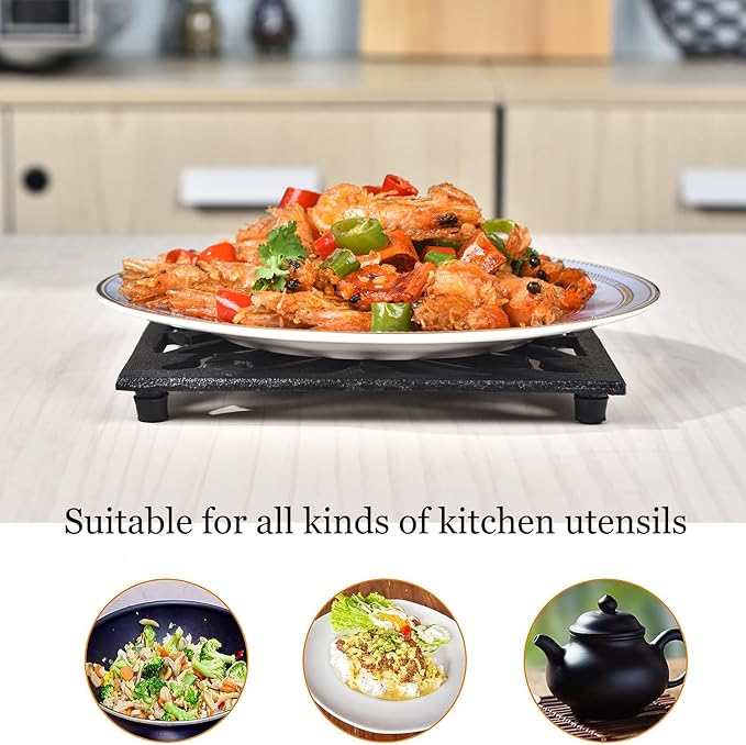 Sungmor Heavy Duty Cast Iron Square Metal Trivet,Rustproof Black Racks Stands Holders for Hot Pans or Teapot,Kitchen or Dinning Table Decorations
