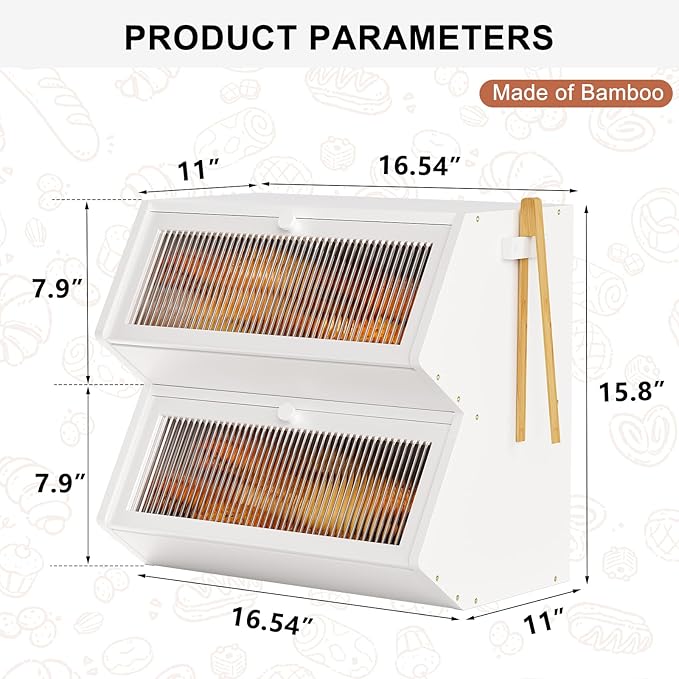 WOWLIVE Double Layer Bread Box for Kitchen Countertop, Large Bamboo Bread Storage Container for Homemade Bread, Farmhouse Bread Holder for Kitchen Counter Cabinet, Pantry, (White, Extra Large)