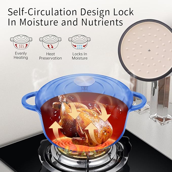 6 Quart Enameled Cast Iron Dutch Oven Pot with Lid and Silicone Accessories, Oven Safe up to 500°F or on Stovetop, Non-stick Dutch Oven for Bread Baking, Cooking, Dual Handles Cookware, Blue