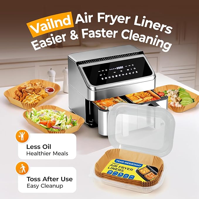 Vailnd 300Pcs Air Fryer Paper Liners Disposable, 8x5.5" Rectangle Parchment Paper, Sheets, Non-stick Liners for Rectangular Airfryer Basket Oilproof Waterproof