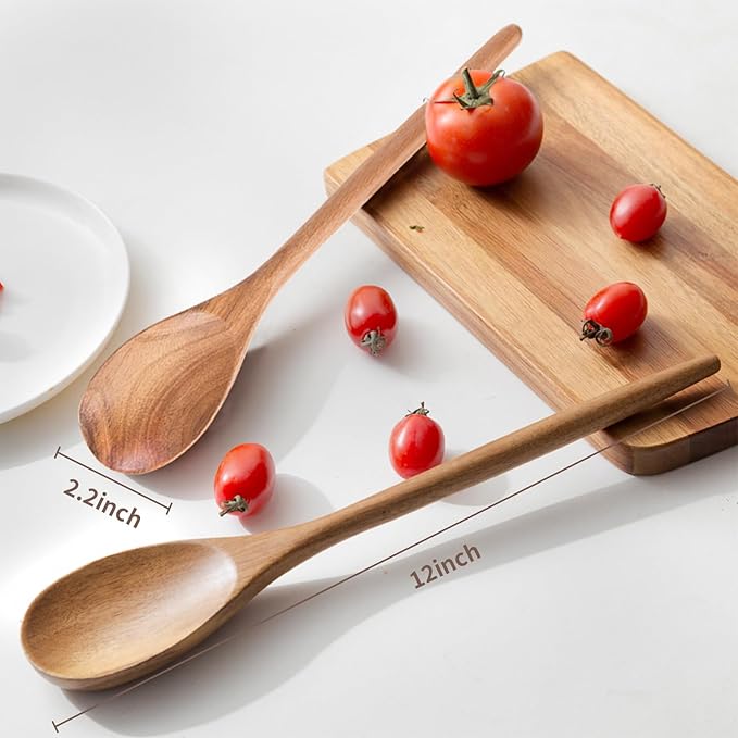 Wooden Spoons For Cooking 2PCS Wooden Cooking Spoons Acacia Wood Spoon Cooking 12″ Smooth Spoon Finish Comfortable Grip Wood Spoons Cooking Small Style Non-Stick Cooking Kitchen Utensil Set