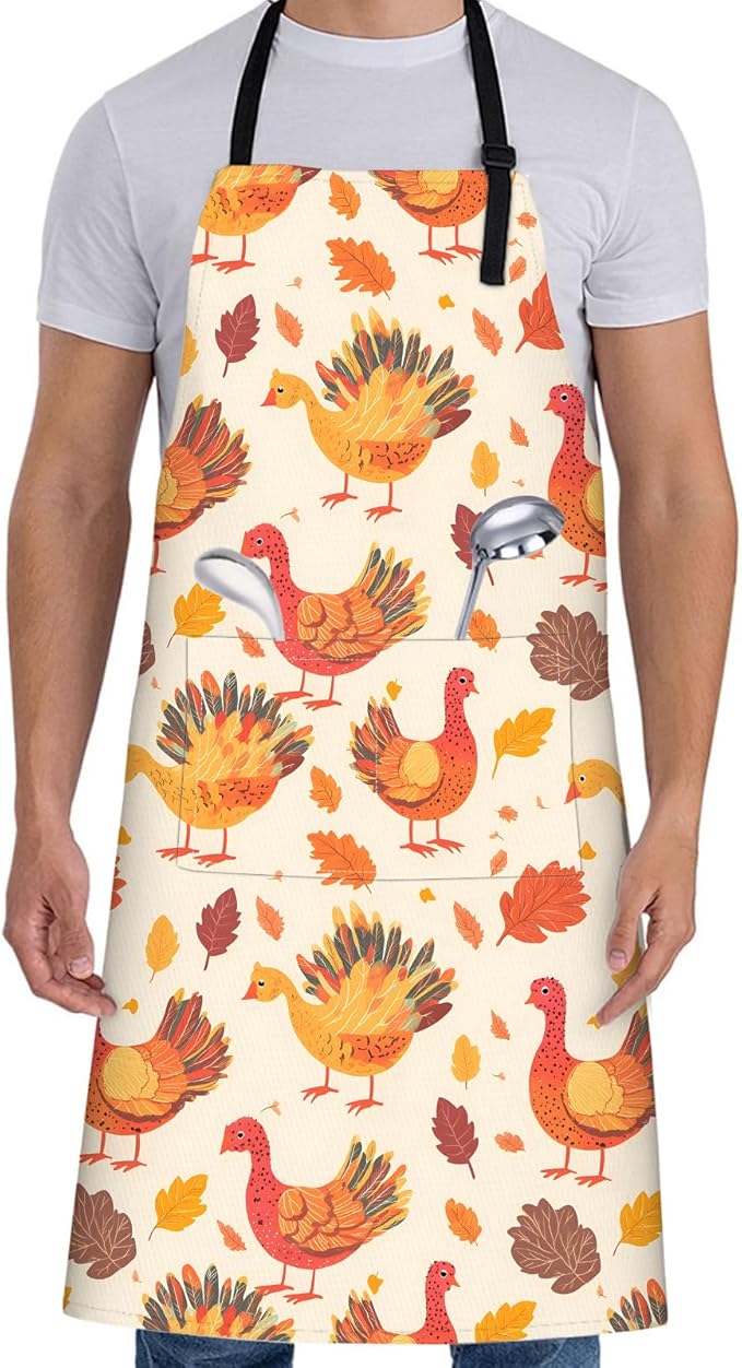 Cute Turkey Apron for Women with Thanksgiving,28x33in,Festive Fall Kitchen Aprons with 2 Pockets,Oxford Fabric,Autumn Adjustable Black Apron for Cooking Baking Gardening Chef,Gifts