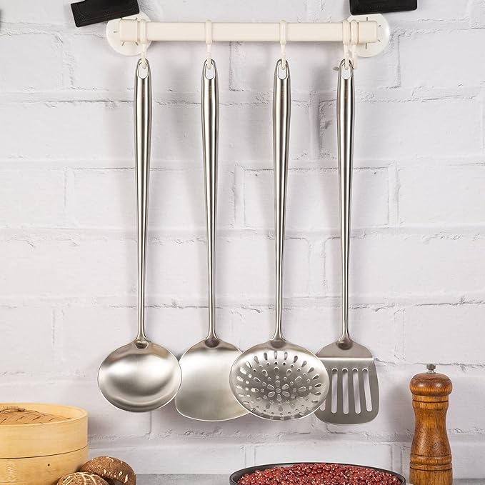 17” Wok Spatula and Ladle, Skimmer Spoon, Slotted Spatula - 304 Stainless Steel Kitchen Utensils Set, 4-Pieces Extra Long Handle Cooking Tools, All Metal Chinese Wok Utensils and Wok Accessories
