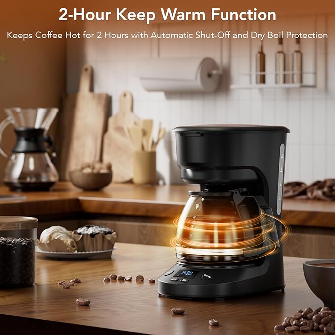 COWSAR Compact Coffee Machine,5 Cup Drip Coffee Maker with Timing Function,2H Auto Power-off, 2H Keep Warm,Pause & Brew, Reusable Filter,and Drip-Free Carafe, Black - 3710H - Commercial Performance
