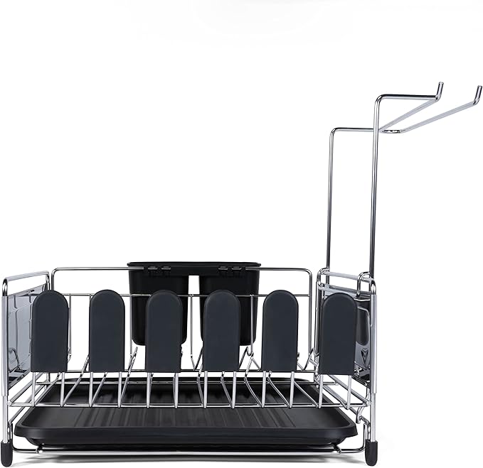 happimess DSH1000A Compact 17.25' Fingerprint-Proof Stainless Steel Dish Drying Rack, Dish Rack with Wine Glass Holder, Utensil Holder, Stainless Steel/Black, Silver/Black
