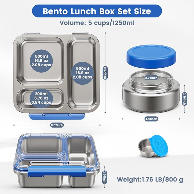 Stainless Steel Bento Box Kids Adult with 7oz Soup Thermo, Transparent Lid 3 Compartments Metal Bento Lunch Box with Insulated Food Jar,Lunch Box Container Sauce Cup for School,BPA-Free(Blue)