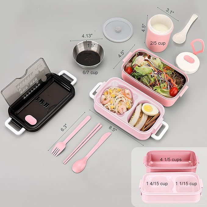 Adult Bento Lunch Box Kit, Bento Boxes Portable Lunch Box, Adult Bento Box with Lunch Bag, Bento Lunch Containers for Women, 1200ml Large Capacity Lunchbox BPA-Free(Pink Metal)