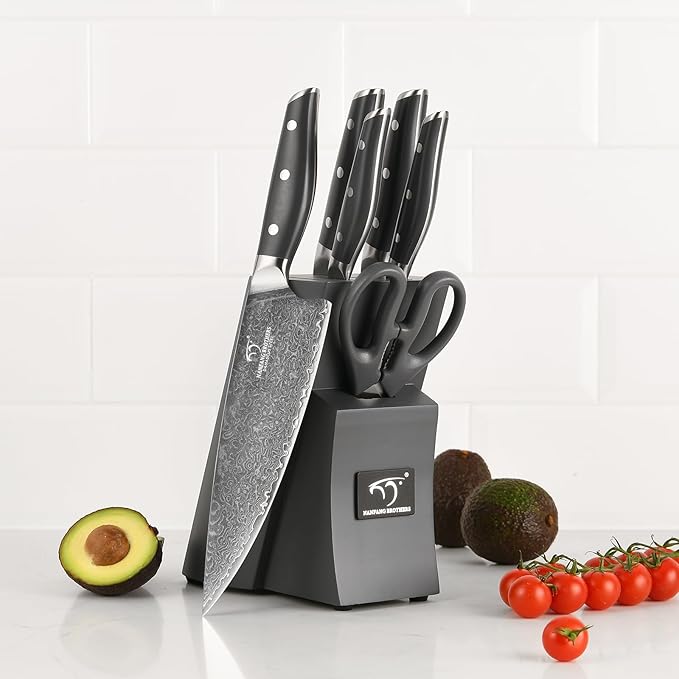 NANFANG BROTHERS Knife Set, 7-Pieces Damascus Kitchen Knife Set with Block, ABS Ergonomic Handle for Chef, Carving Fork, Disconnect-type Knife Block Set (Grey)