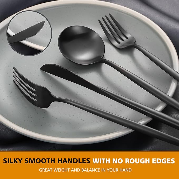 Matte Black Silverware Set, Oliviola 40-Piece Stainless Steel Flatware Cutlery Set Service for 8, Satin Finish Kitchen Utensil Set, Dishwasher Safe