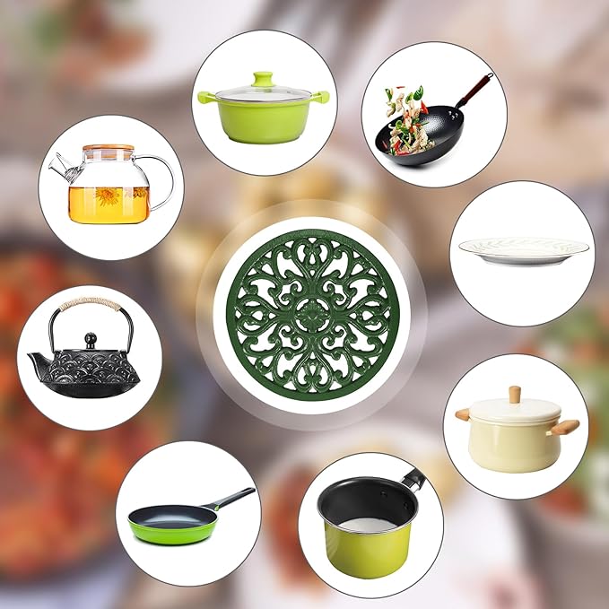 Sumnacon Cast Iron Trivet 6.7 Inch Iron Trivet for Hot Dish Pot Pan Plate Teapot,Heat Resistant Cast Iron Trivets with Rubber Feets for Kitchen Dining Table Cooktop Stove,Retro Green