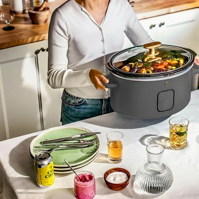 Beautiful 6 Qt Programmable Slow Cooker with Touch Control, Digital Timer and Keep Warm Function – Large Electric pot Capacity Kitchen Appliance by Drew-Barrymore (Oyster Grey)