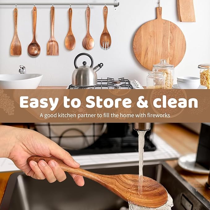 6 PCs Teak Wooden Utensil Set with Hooks, Wooden Spoons for Cooking, Wood Cooking Utensils Set, Comfort Grip, Non Stick Cookware, Easy to Clean, Kitchen Stuff, Wood Spatula