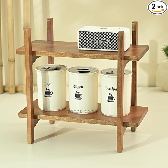 Brick Brown Premium Zen Organizer | 2-Tier Wooden Spice Rack | Kitchen Countertop Shelf | Tiered Shelf Organizer | Grocery Rack (41 x 23 x 38 Cm)