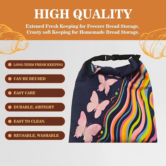 Beeswax Bread Bags for Sourdough 2 Pack 13"x17" Eco-Friendly Reusable Linen Cotton Storage Bags with Zipper Closure for Homemade Bread Fresh-Keeping, Freezer-Safe (Colorful butterfly)