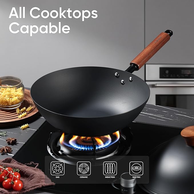 CAROTE 12.5" Carbon Steel Wok Pan, 6.5QT Woks & Stir-fry Pans, No Chemical Coated Pre-Seasoned Flat Bottom Wok with Lid for Stir Fry, BBQ, Grill & Camping, All Stovetop Compatible, Black