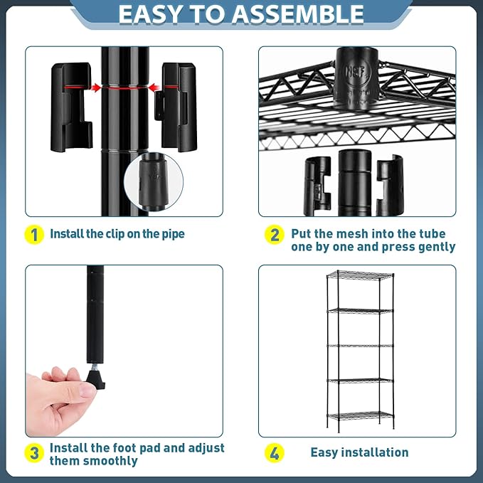 5-Shelf Storage Shelves Metal Shelving Unit NSF Garage Storage Rack Adjustable Wire Shelves Organizer for Kitchen Closet Basement, 750 Lbs Capacity, 16.7" L × 11.8" W × 47.6" H, Black