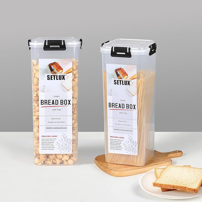 2 Pack Bread Storage Container with Tray, Plastic Bread Box with Airtight Lid, Bread Keeper for Homemade Bread, Toast, Bagel, Donut(black 2 pack)