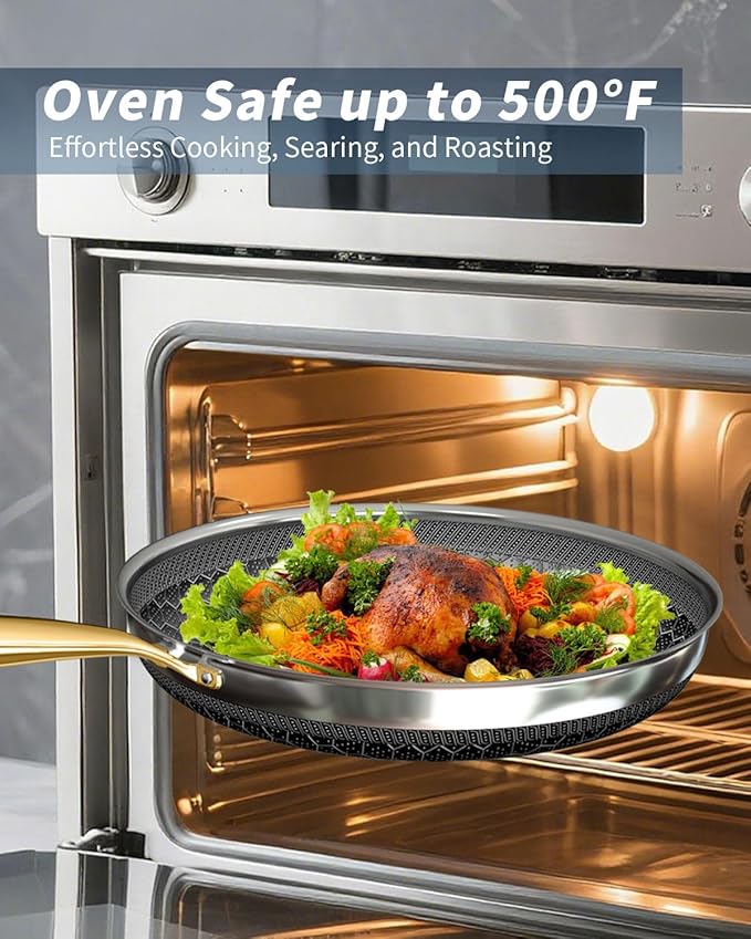 FogDream Stainless Steel Cookware, Tri Ply Pots And Pans Set, Non Stick Frying Pans, Soup Pot & Sauce Pan With Tempered Glass Lids, Cool Handles, Dishwasher Safe, Induction Compatible, Gold