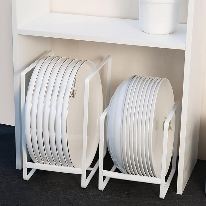 Plate Holders Organizer for Kitchen Cabinet Counter Cupboard, 4Pcs Metal Dish Storage Drying Display Rack, Upright Stand for Storing Pans Lids Dish Trays (2 Small and 2 Large, White)
