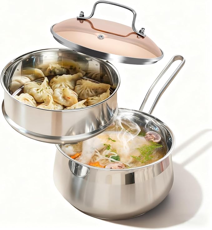Stainless Steel Saucepan with Steamer Basket, 2.5 QT Cooking Pot All Stove Compatible - Soup Pot Perfect for Cooking Gravies, Pasta, Vegetable and More