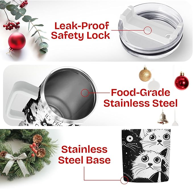 34HD Funny Black Cat Tumbler with Handle and Straw, 40oz Stainless Steel Vacuum Insulated Everything Is Fine Cup, Cat Lover Gifts for Women Birthday Mothers Day Halloween Christmas