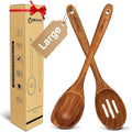Large Wooden Spoons for Cooking, 2Pack Natural Teak Wood Cooking Spoon Set, Non-Stick Slotted and Corner Spoon, Heat-Resistant Wooden Spatula Spoon for Serving and Mixing