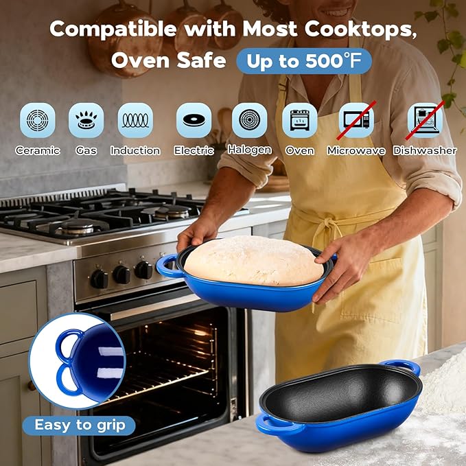 Onader 2.8QT Enameled Cast Iron Dutch Oven, Dutch Oven Pot with Lid for Sourdough Bread Baking, Oval Meatloaf Pan, Heavy Duty - Blue