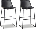 Signature Design by Ashley Centiar Casual Pub Height Bucket Seat Upholstered Bar Stool with Metal Base, Set of 2 , Faux Leather, 30" Seat Height, Black