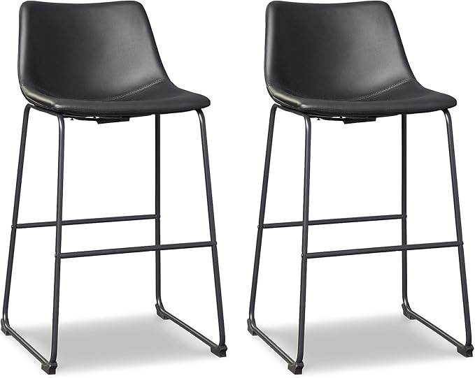Signature Design by Ashley Centiar Casual Pub Height Bucket Seat Upholstered Bar Stool with Metal Base, Set of 2 , Faux Leather, 30" Seat Height, Black